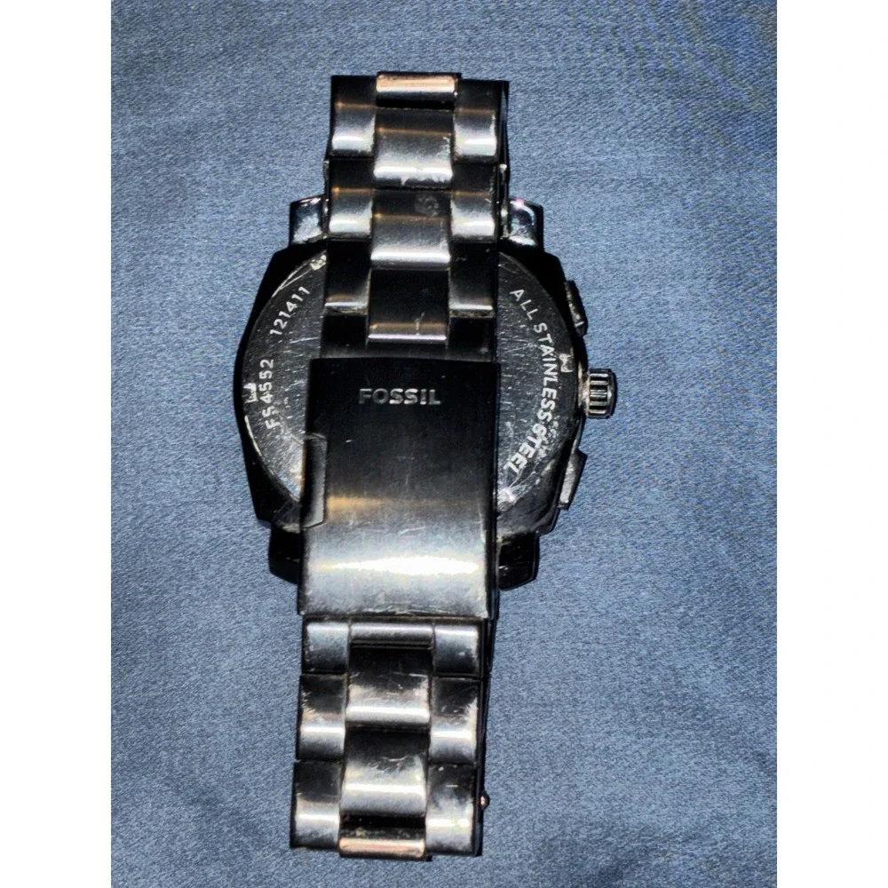 Fossil Machine Black Stainless Steel Chronograph Mens Watch Textured Bezel